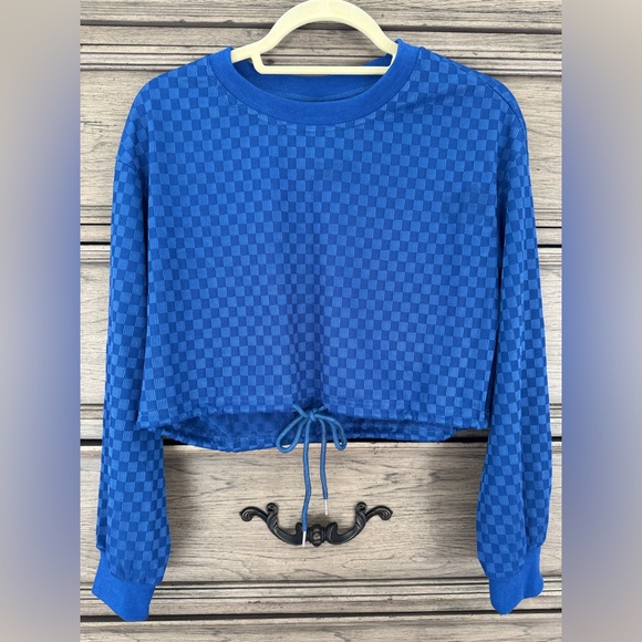 NEW 2 Piece Set Tracksuit NWOT Blue Checkered Cropped Crop Top Joggers Track Pa… - Picture 5 of 12